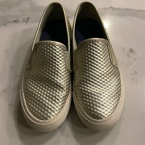 Sperry Women Slip on Top Sider Metallic Silver Leather Memory Foam Size 6.5